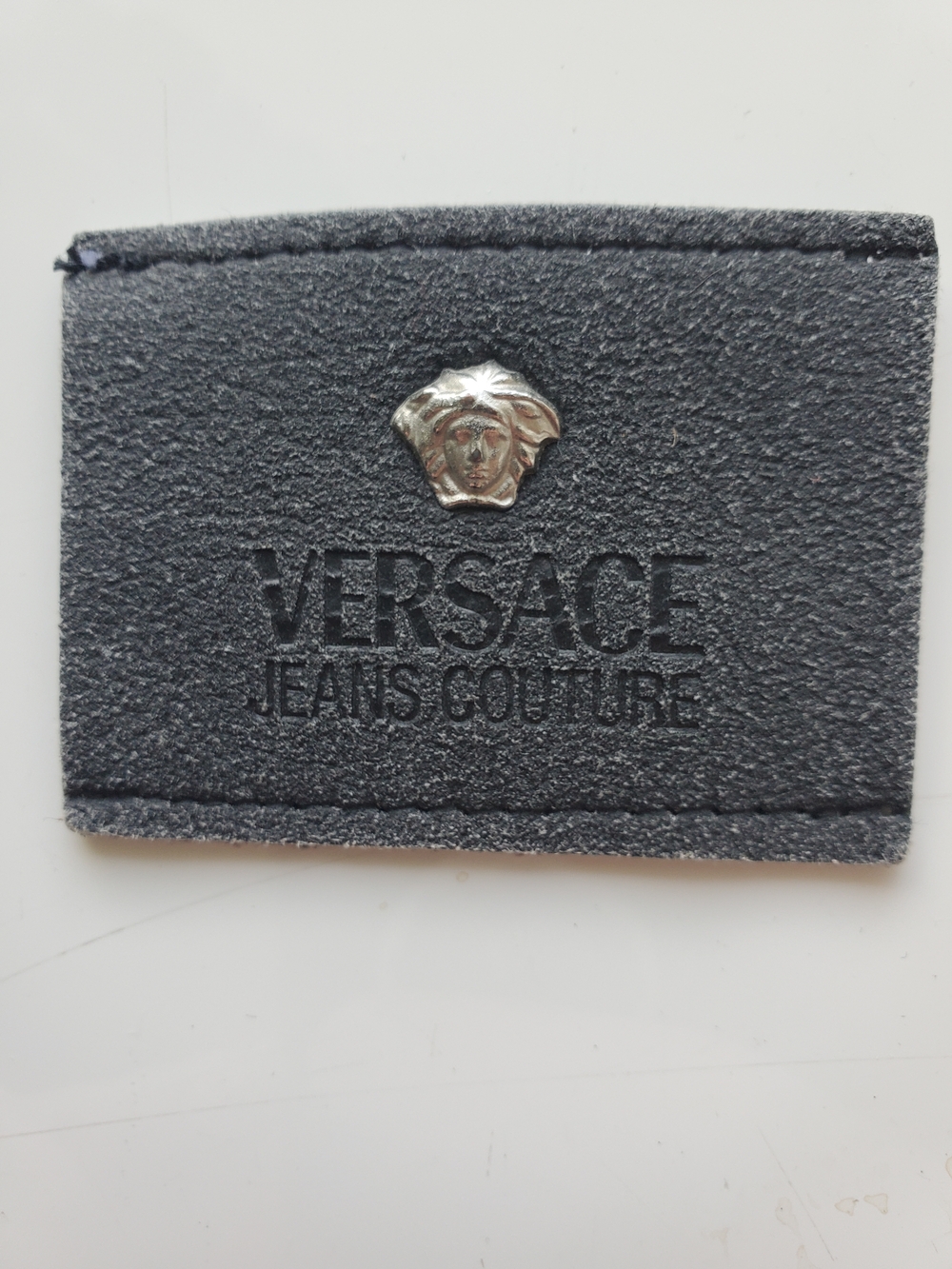 Versace Black Leather Logo Patch with Silver Medusa Accent